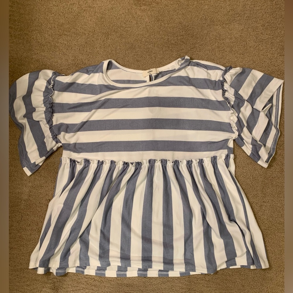 NWOT! Entro Blue/White Stripe Ruffle Shirt